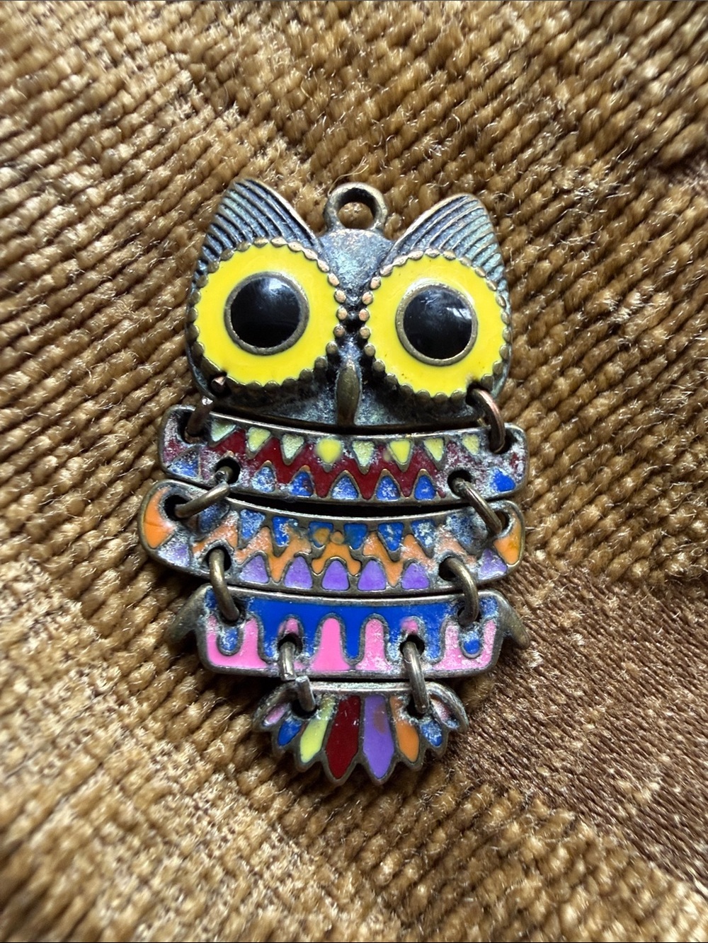 Vintage Articulated Multicolor Enamel Owl Pendant Charm